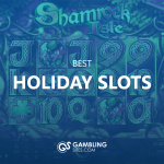 Best Holiday Slots text centered, holiday slot game featured in background