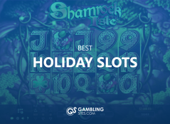 Best Holiday Slots text centered, holiday slot game featured in background