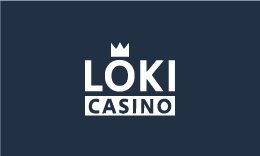 Loki Casino logo, white text on dark blue background