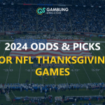 2024 Odds & Picks for NFL Thanksgiving Games text centered, NFL field image in back ground