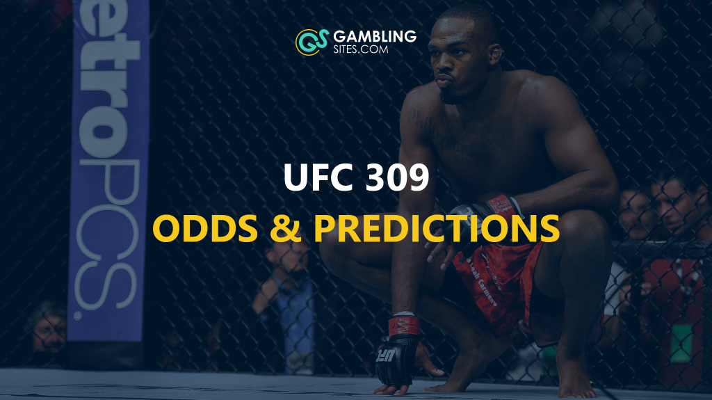 UFC 309 Odds & Predictions text centered, Jon Jones in background