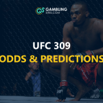 UFC 309 odds and predictions text centered, Jon Jones in background