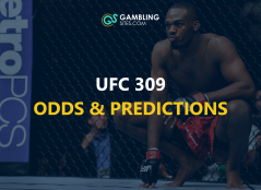 UFC 309 odds and predictions text centered, Jon Jones in background