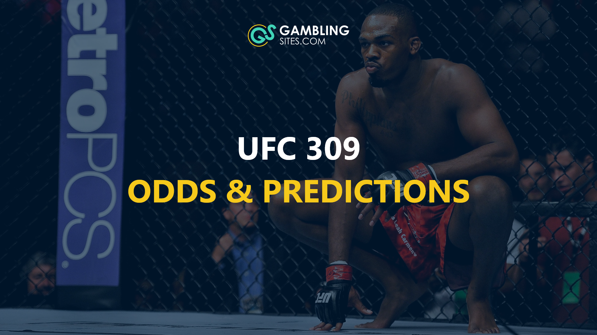 UFC 309 odds and predictions text centered, Jon Jones in background