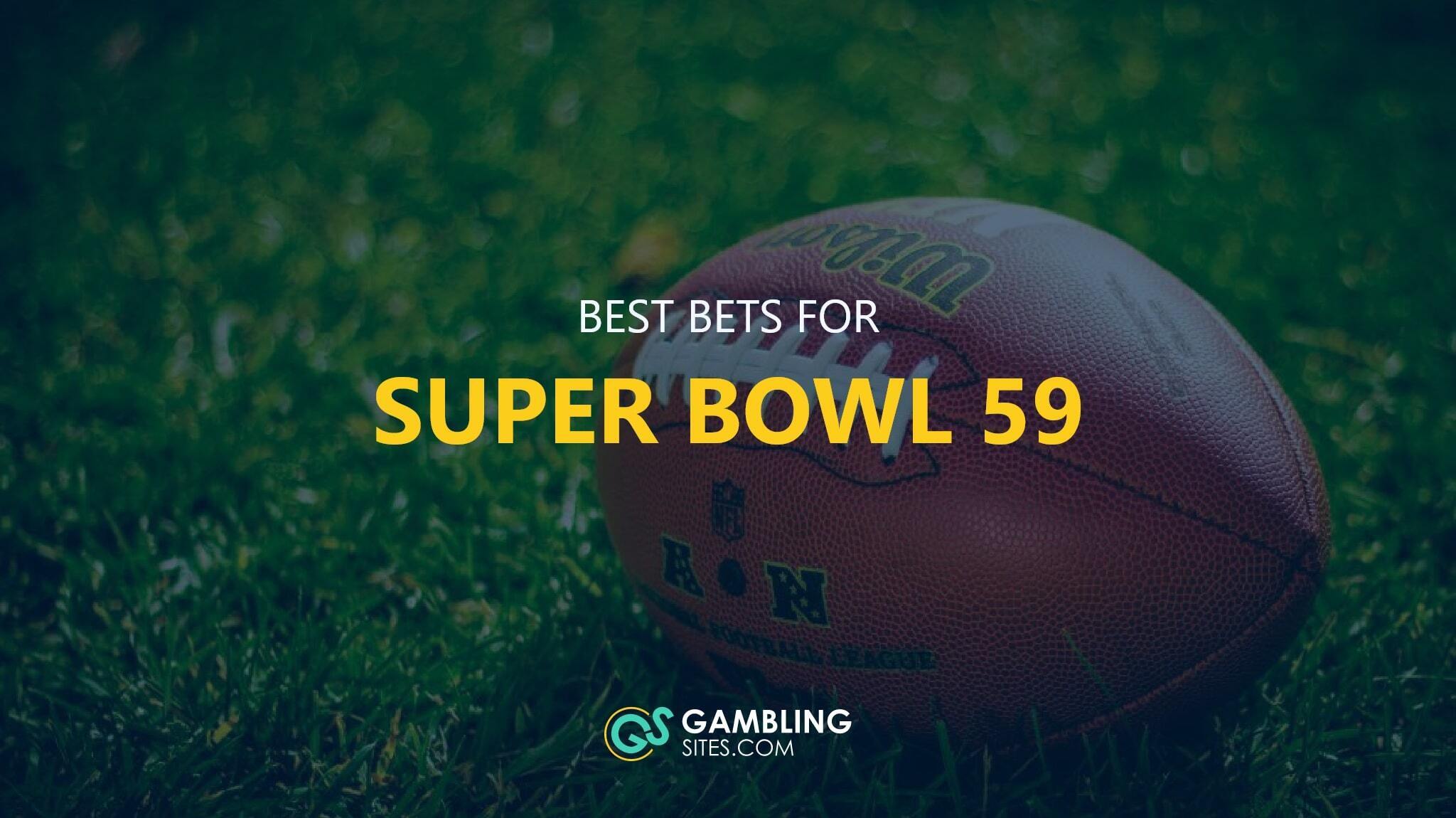 Best Bets for Super Bowl 59 text centered, football on grass in background