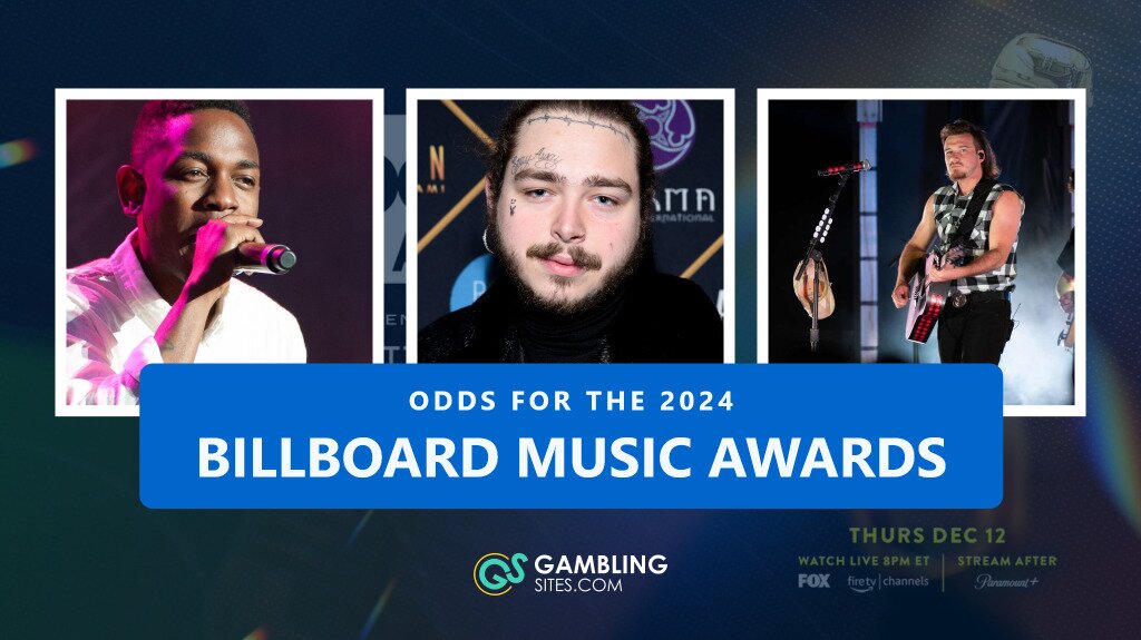 Odds for the 2024 Billboard Music Awards text centered, images from left to right of Kendrick Lamar, Post Malone, and Morgan Wallen