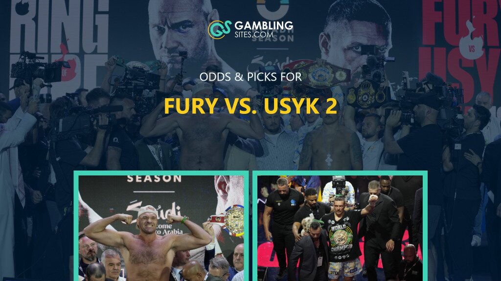 Odds & Picks for Fury vs. Usyk 2 text centered, Tyson Fury and Oleksandr Usyk featured