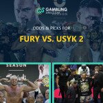 Odds & Picks for Fury vs. Usyk 2 text centered, Tyson Fury and Oleksandr Usyk featured