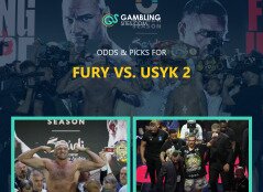 Odds & Picks for Fury vs. Usyk 2 text centered, Tyson Fury and Oleksandr Usyk featured