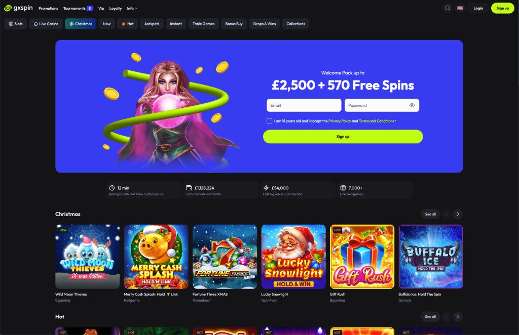 GXSpin casino homepage screenshot