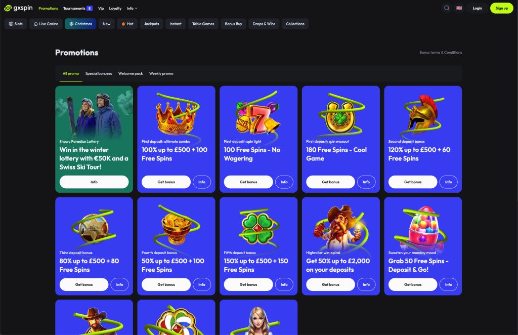 GXSpin casino promotions screenshot