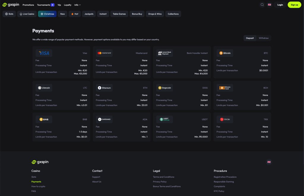 GXSpin casino payments screenshot