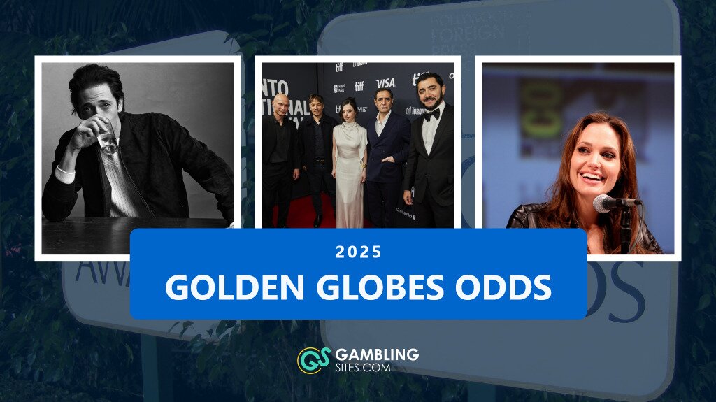 Golden Globes Odds image. Three boxes with photos of Adrien Brody, the cast of Anora, and Angelina Jolie. White text over a blue box