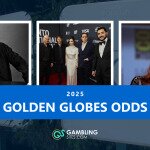 Golden Globes Odds image. Three boxes with photos of Adrien Brody, the cast of Anora, and Angelina Jolie. White text over a blue box