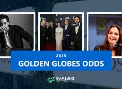 Golden Globes Odds image. Three boxes with photos of Adrien Brody, the cast of Anora, and Angelina Jolie. White text over a blue box