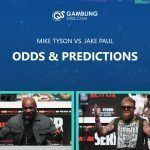 Mike Tyson vs. Jake Paul Odds & Predictions text centered, Mike Tyson and Jake Paul featured