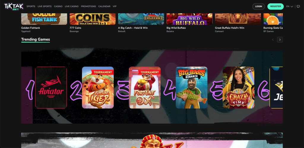 Tik Tak Bet casino games section screenshot