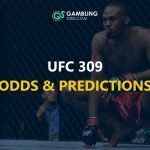 UFC 309 Odds & Predictions text centered, Jon Jones in background