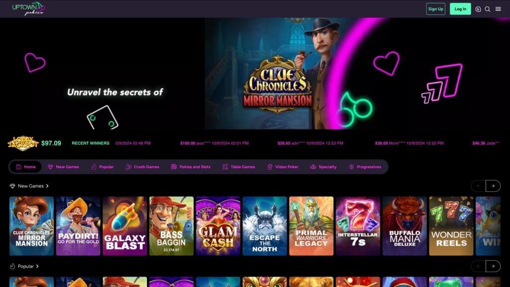 The homepage of Uptown Pokies