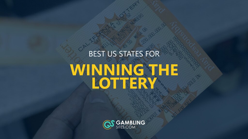 Best US States for Winning the Lottery text centered with a lottery ticket image in the background