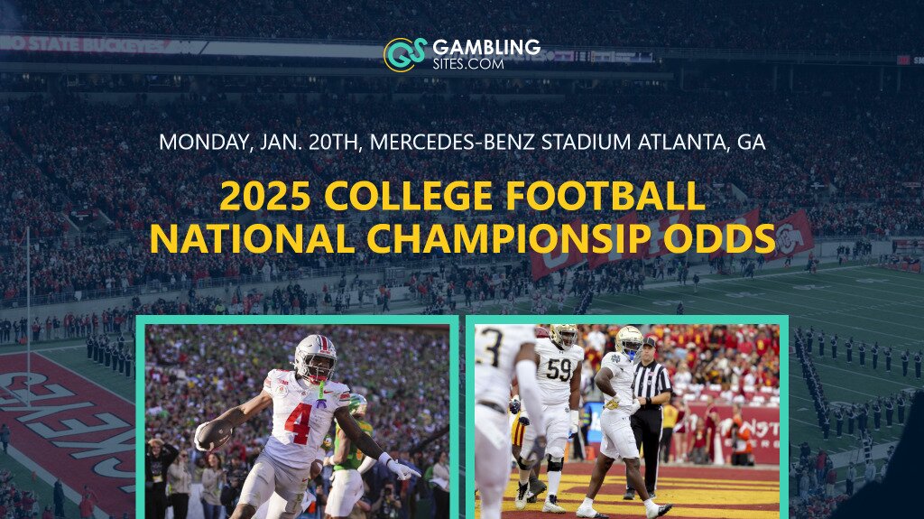 2025 College Football National Championship Odds text centered, Ohio State and Notre Dame players featured