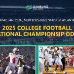 2025 College Football National Championship Odds text centered, Ohio State and Notre Dame players featured