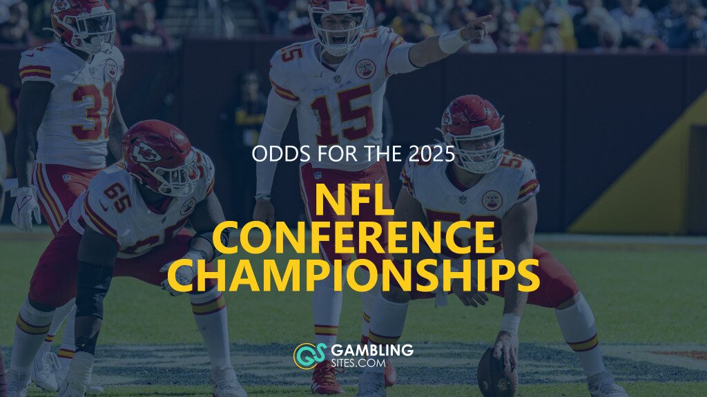 2025 NFL Conference Championship Odds text centered, Patrick Mahomes image in background