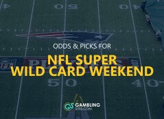 Odds & Picks for NFL Super Wild Card Weekend text centered, NFL playoff image in background