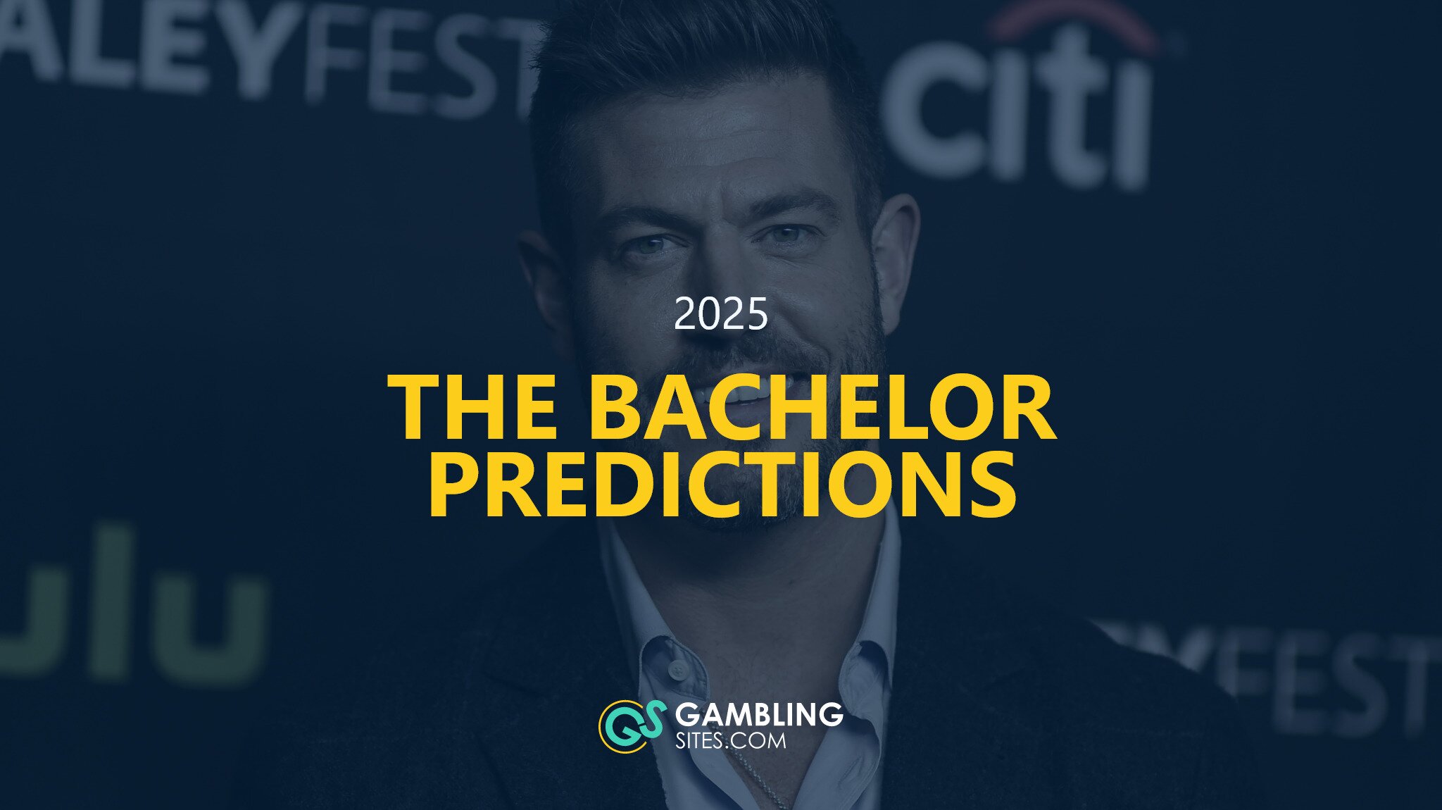 The Bachelor Predictions text centered, host Jesse Palmer image in background