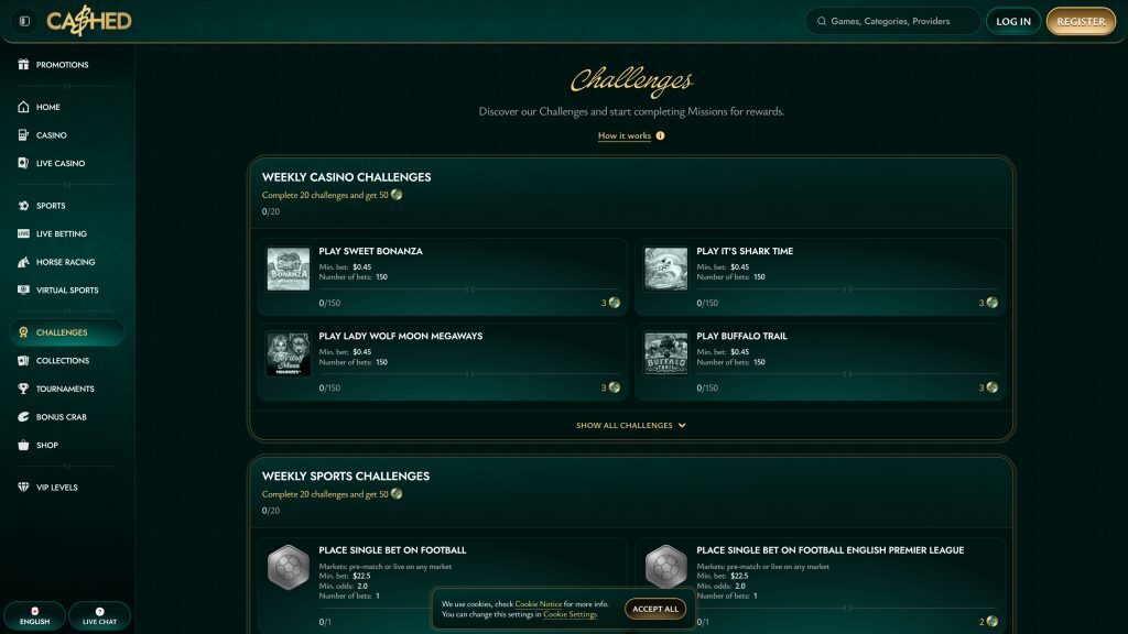 Cashed Challenges Page Screenshot