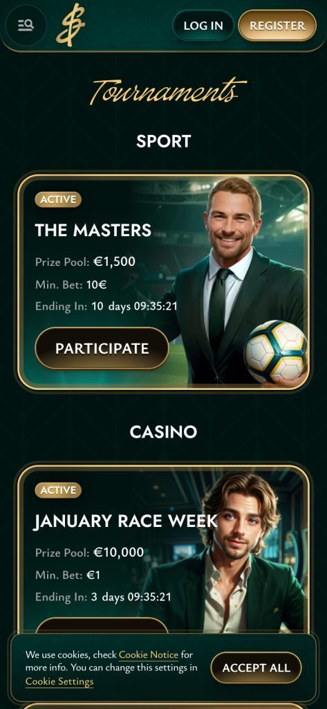 Cashed Mobile Tournaments Page Screenshot