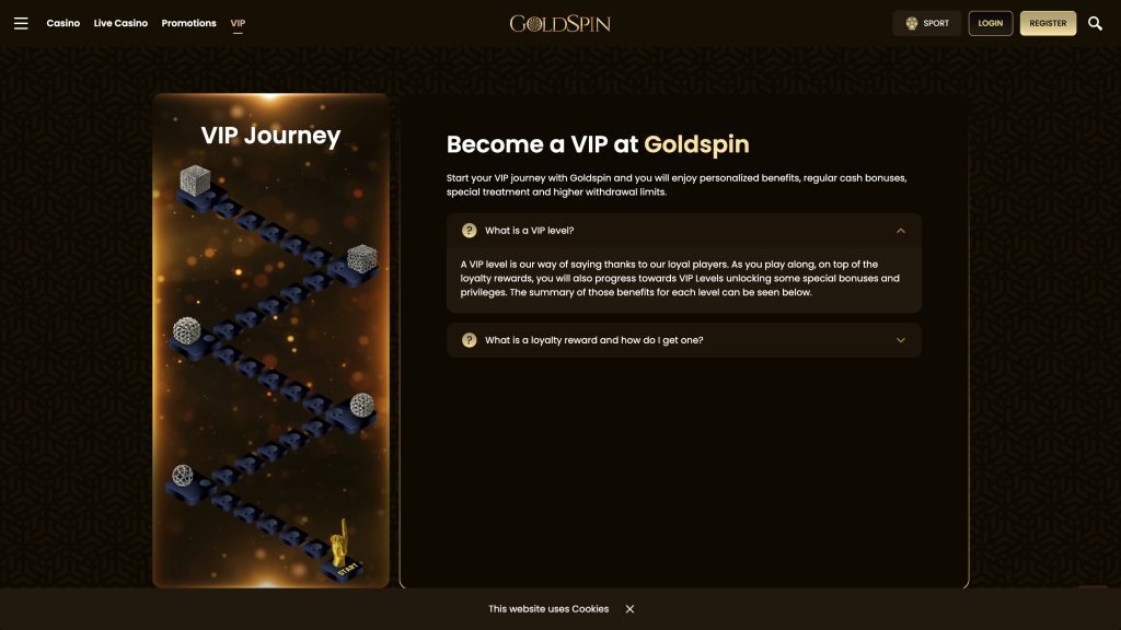 goldspin casino VIP program desktop screenshot