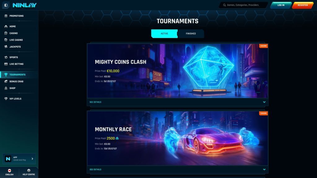 Ninlay Tournaments Page Screenshot