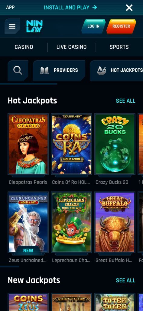 Ninlay Mobile Jackpots Page Screenshot