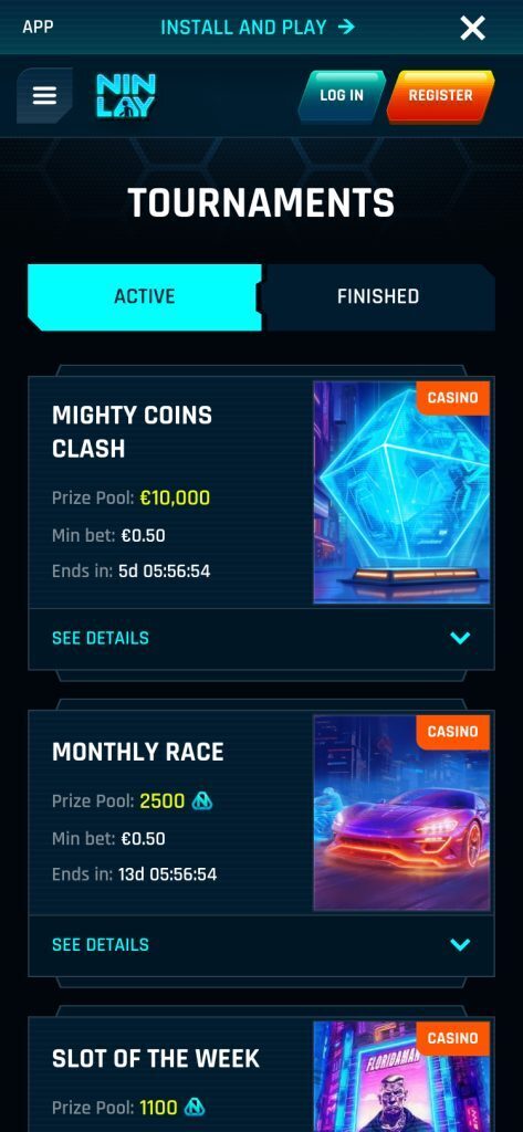 Ninlay Mobile Tournaments Page Screenshot