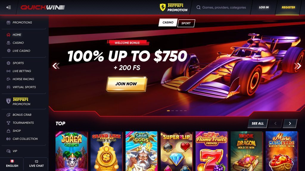 quickwin casino home desktop screenshot