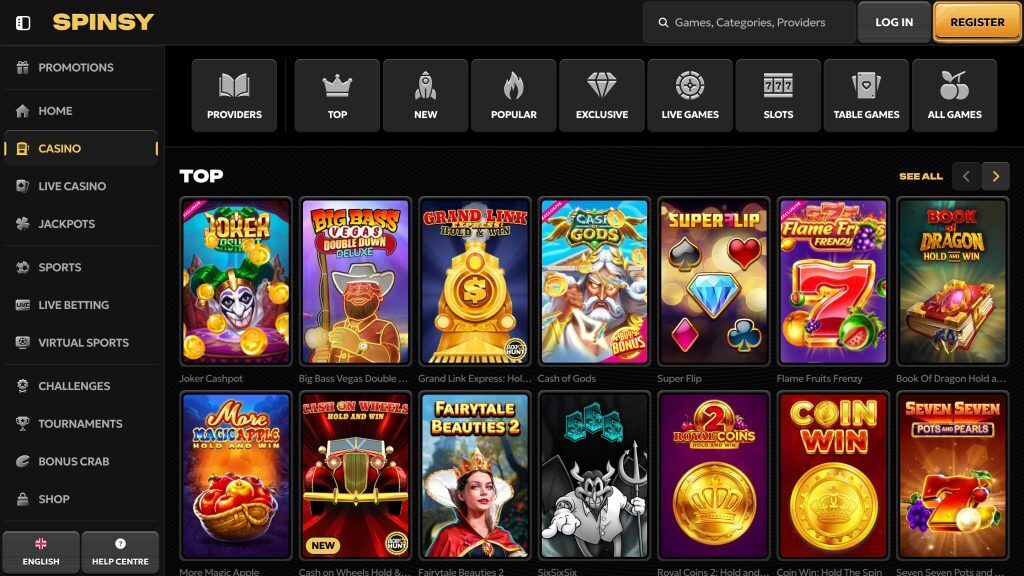 Spinsy casino section screenshot