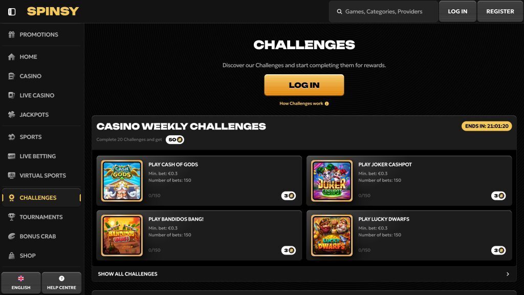 Spinsy challenges section screenshot