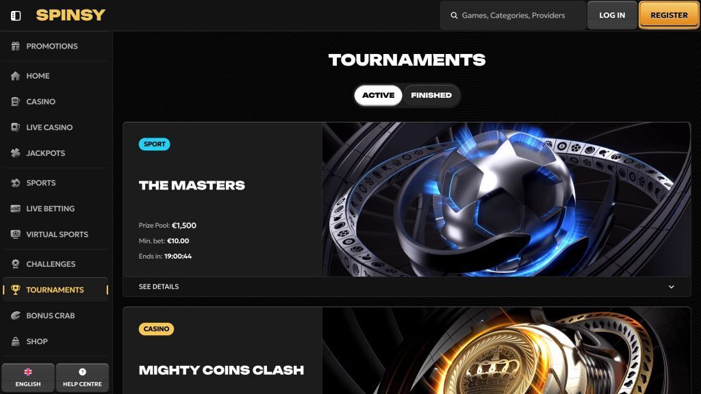 Spinsy tournaments section screenshot