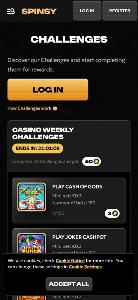 Spinsy challenges page mobile screenshot