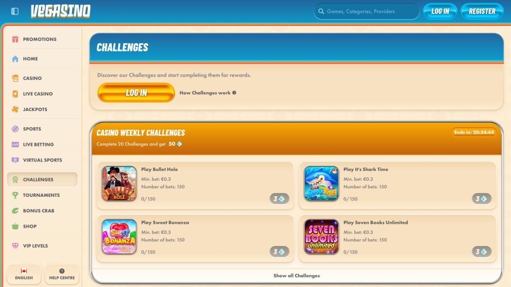 Vegasino challenges desktop page, Casino weekly challenges for Bullet Hole, Shark Time, Sweet Bonanza, and Seven Books Unlimited games on beige background