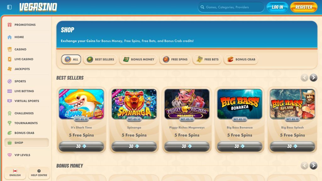 Vegasino deskop shop page, free spin game tiles on beige background