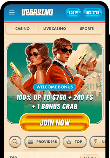 Vegasino mobile home page, guy and girl holding guns on beige background, text “100% up to $750 + 200 FS + 1 Bonus Crab”