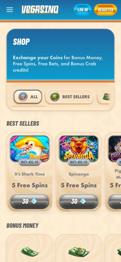 Vegasino mobile shop page, free spin game tile on beige background