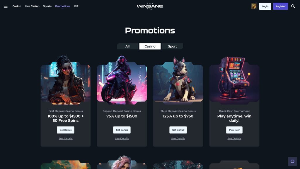 winsane casino promotions desktop screenshot