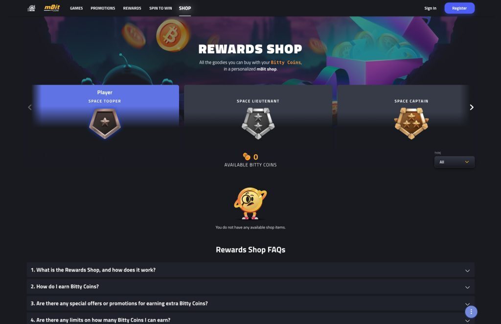 mBit Casino Rewards Shop