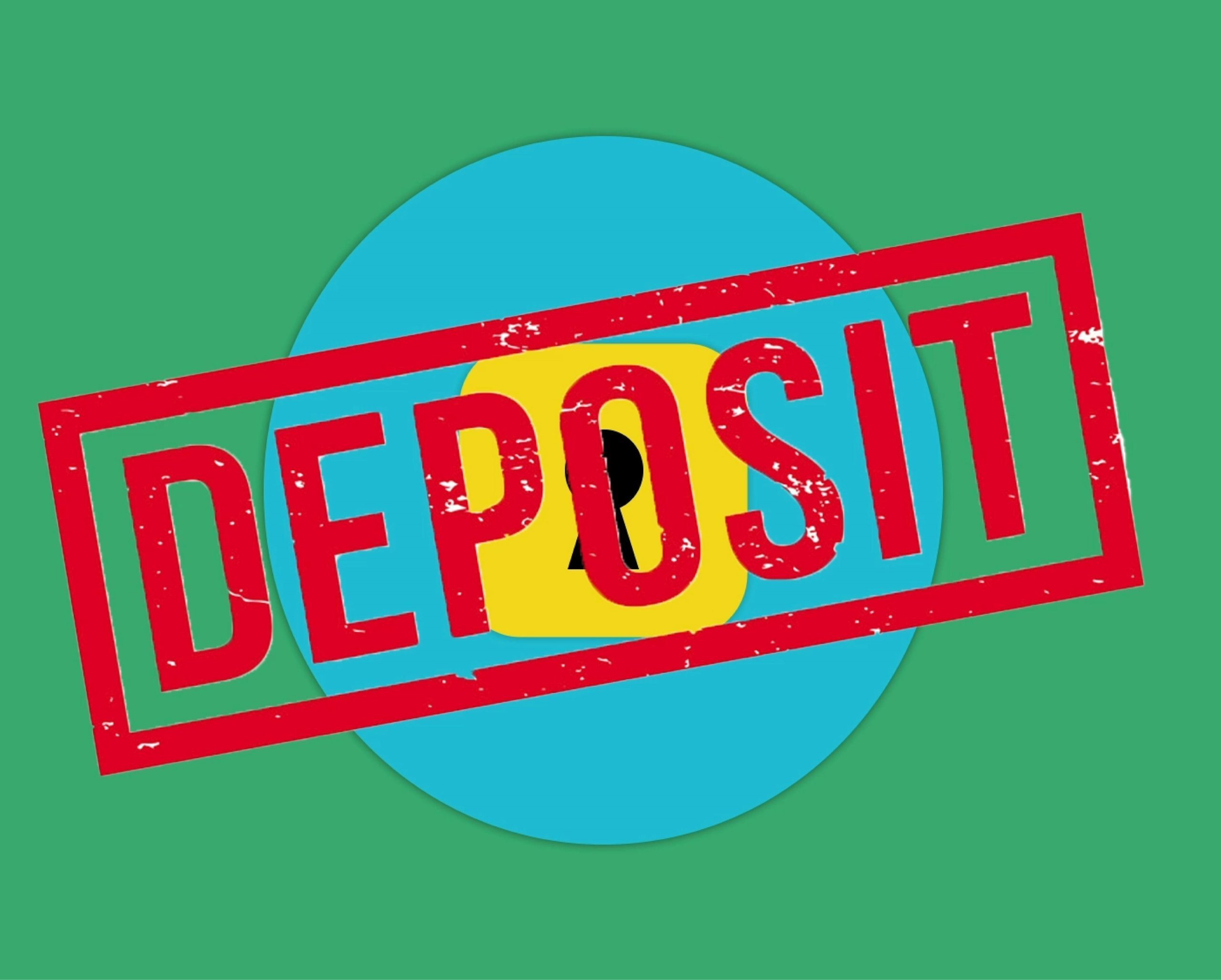 Red deposit text on blue and green background