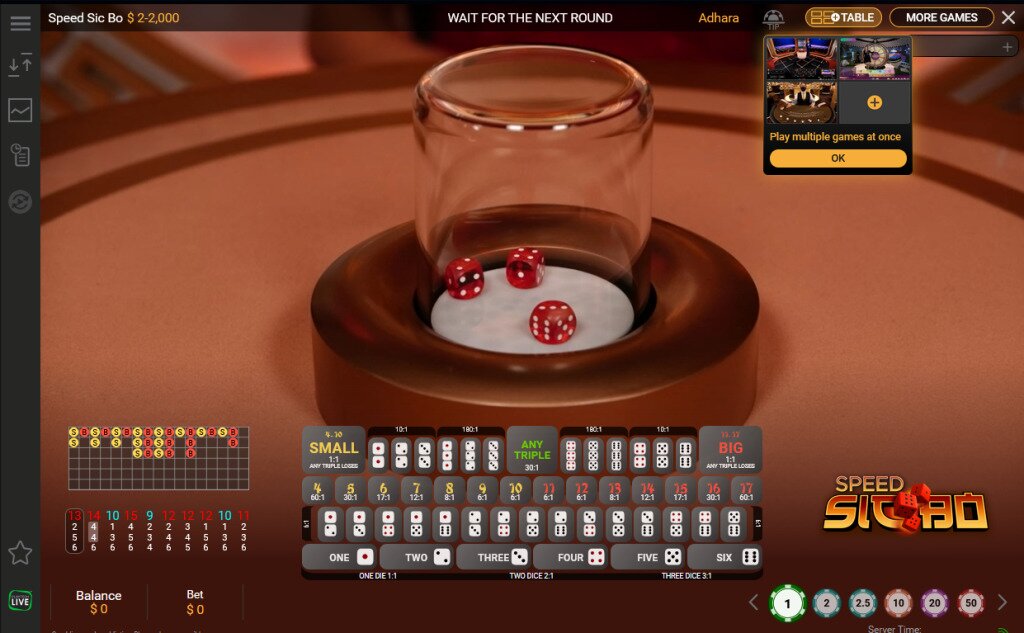 Playtech Sic Bo Screenshot, dice shaker and betting options graphic